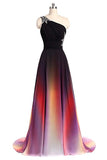 One Shoulder Ombre Chiffon Prom Dresses Lace up A Line Beads Ruffles Prom Gowns PW531