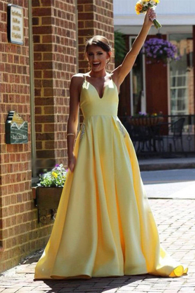 Pretty A Line V Neck Satin Yellow Prom Dresses With Pockets PD1111