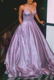 A Line V Neck Lilac Glitter Evening Gown With Pockets PD1113