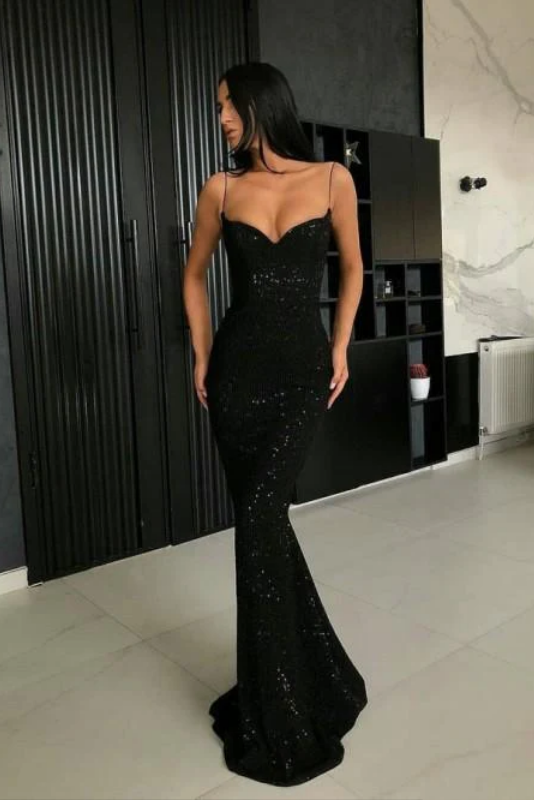 Mermaid Spaghetti Straps Floor-Length Black Sequined Evening dresses P999