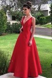 Elegant A Line V-Neck Red Satin Prom Dress Formal Gown