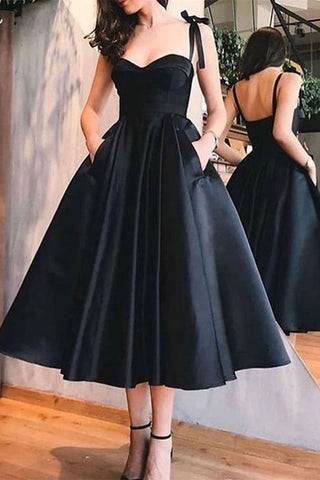 A Line Sleeveless Black Satin Ankle Length Homecoming Dress