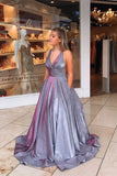 Shiny A-line V-Neck Sleeveless Long Prom Dress