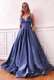 A Line V-Neck Sleeveless Long Prom Dresses Evening Gowns