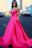 Cute A Line Deep V-Neck Lace-up Pink Satin Long Prom Dresses
