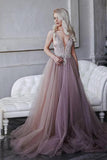 Fashion A-line Deep V-Neck Tulle Long Prom Dress