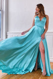 A Line V-Neck Blue Satin Long Prom Dresses With High Slit