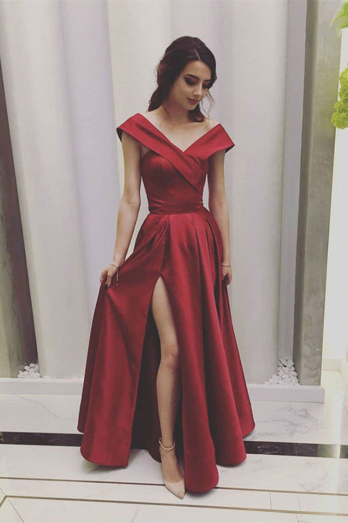 Elegant A-line Off-the-shoulder Burgundy Satin Prom Dress Formal Dress