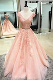 Pretty Ball Gown V-Neck Pink Appliques Tulle Long Prom Dress Evening Gowns