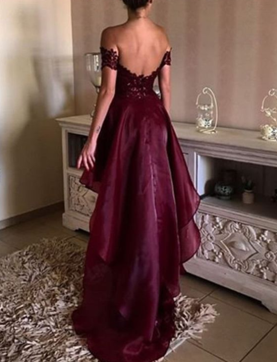 Asymmetrical High-low Appliques Lace Backless Prom Dresses