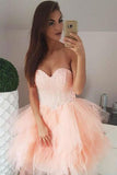 Peach Pink Strapless Sweetheart Homecoming Dress Beaded Tulle Formal Dress H1236
