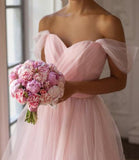 Pink Off the Shoulder Tulle Sweetheart Short Bridesmaid Dress Homecoming Dress H1258