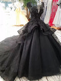 Princess Black Beaded Tulle Ball Gown Long Prom Dress P1063
