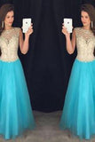 Charming Scoop Tulle Cap Sleeve Beads Open Back High Neck Long Prom Dress