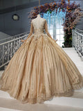 Long Sleeve Ball Gown Beads Lace Appliques Prom Dresses Sequins Quinceanera Dresses P1159