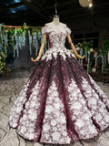 Ball Gown Off the Shoulder V-Neck Satin Prom Dress with Hand Made Flowers Quinceanera Dress P1364