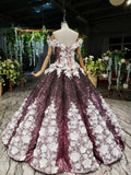 Ball Gown Off the Shoulder V-Neck Satin Prom Dress with Hand Made Flowers Quinceanera Dress P1364