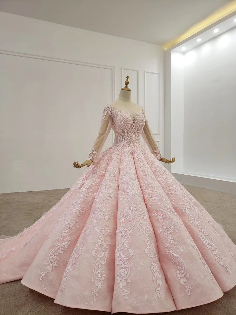 Elegant Ball Gown Pink Long Sleeves Appliques Prom Dress Quinceanera Dress P1526
