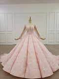 Elegant Ball Gown Pink Long Sleeves Appliques Prom Dresses, Quinceanera Dresses P1526