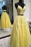 A Line Spaghetti Straps Yellow Two Pieces Prom Dresses, Tulle V Neck Evening Dress PD16