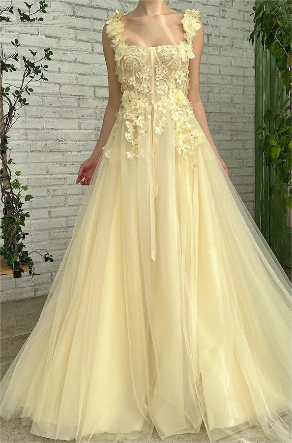Unique Baby Yellow 3D Flowers Appliques Tulle Prom Dress PM203
