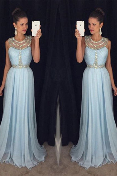 Light Blue Chiffon Round Neck Sequins Long Formal Dress Evening Dress
