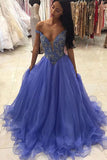 Blue Organza V-Neck Sequins Long Prom Dress
