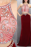 Sexy Red Chiffon Two Pieces See-Through Beading Floor-Length Prom Dress