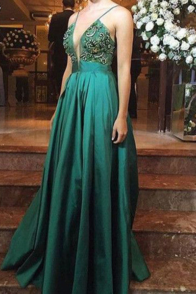 A Line Green Satin Deep V-Neck Sequins Appliques Prom Dresses