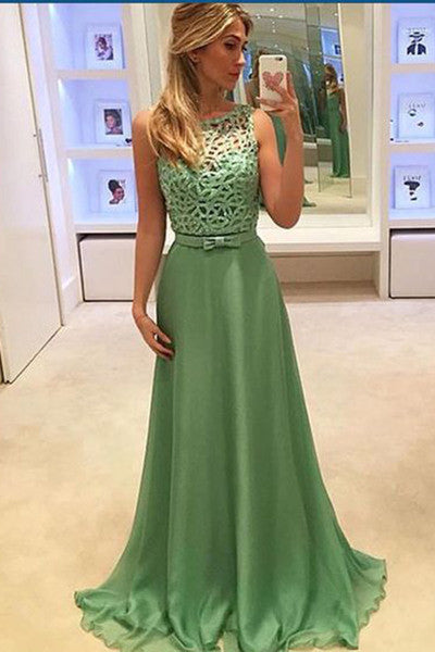 Green Chiffon Round-Neck Formal Prom Dresses