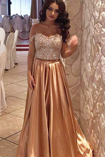 Gold Satins Sequins Off-Shoulder A Line Dance Senior Prom Gown Graduation Dress