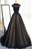 Black Tulle Cap Sleeves Floor-length Prom Dress