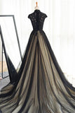 Black Tulle Cap Sleeves Floor-length Prom Dress