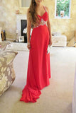 Coral Chiffon V-Neck Beading Long Prom Dresses Summer Dresses With Straps