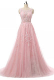 Pink Tulle Lace Appliques A Line Floor Length Prom Dresses