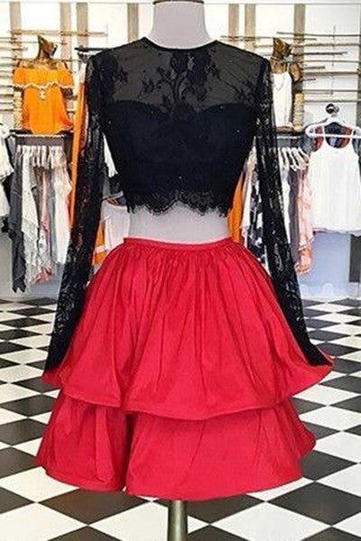 Beautiful Red Satins Black Lace Long Sleeves Two Pieces Short Homecoming Dress Casual Dress