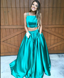 Gorgeous Green A Line Two Piece Long Prom Dresses