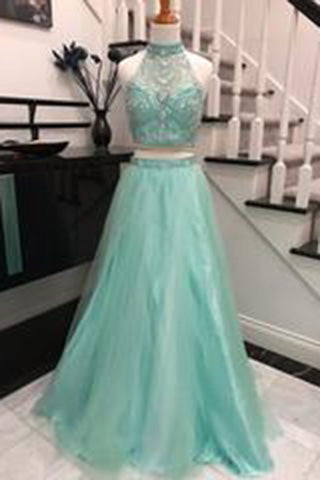 Elegant Halter Two Pieces Sky Blue Backless Tulle Prom Dress Beading