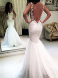 Elegant Mermaid White V-Neck Appliques Wedding Dress Tulle Beach Wedding Gowns W1170