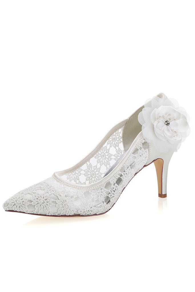 Ivory High Heels Lace Wedding Shoes with Flowers, Wedding Party Shoes,Wedding Shoes L-943