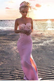 Sexy Mermaid Sweetheart Pink Strapless Satin Sleeveless Prom Dress with Appliques Split PH804