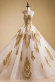 Elegant Gold Neck Tulle Strapless Sweetheart Lace Ball Gown Prom Dress,Quinceanera Dress PH447