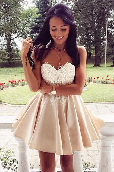 Cute Sweetheart Lace Applique Short Above Knee Button Homecoming Dress PM280