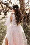 Round Neck Tulle Two Piece Pink Boho Wedding Dress with Slit Beach Wedding Dress W1094