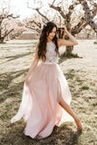 Round Neck Tulle Two Piece Pink Boho Wedding Dresses with Slit Beach Wedding Dress W1094