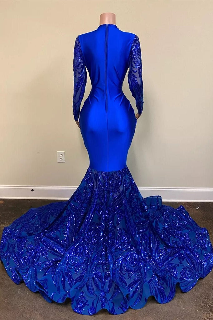 Mermaid Long Sleeve V-Neck Royal Blue Sequins Prom Dresses with Appliques PD0577