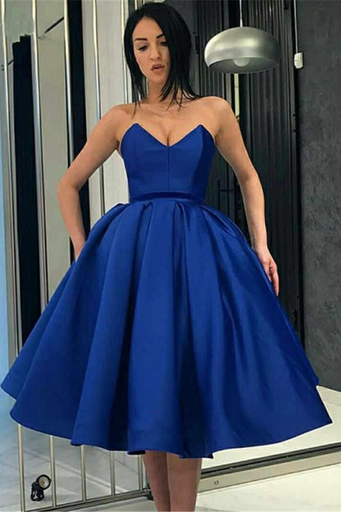 Royal Blue V Neck Satin Strapless Short Prom Dresses with Pockets Homecoming Dresses H1229