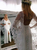 Rustic Batwing Sleeve Lace Ivory Sheath Boho Wedding Dress W1059