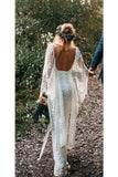 Rustic Batwing Sleeve Lace Ivory Sheath Boho Wedding Dress W1059
