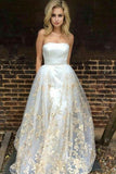 A-Line Strapless Sweetheart Lace Appliques Ivory Tulle Prom Dresses uk with Appliques Pockets PH819
